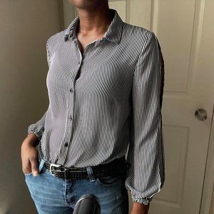 Black White Thin Stripped Button Down Blouse with Open Slit Sleeves
